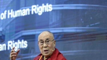 Tibetan spiritual leader the Dalai Lama speaks in Geneva on Friday.