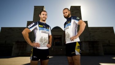 Nic White and Scott Fardy wearing the Brumbies' Anzac jersey.