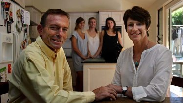 Defended her husband against claims of misogyny ... Margie Abbott, right, pictured here with Tony Abbott and their daughters.