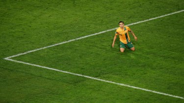 On his knees: Tim Cahill misses a good chance.