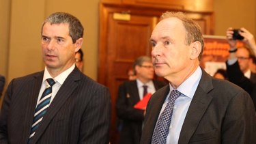 Red flag ... Sir Tim Berners-Lee (right) and Communications Minister Senator Stephen Conroy in Sydney on Tuesday.