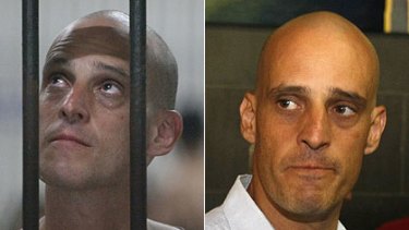 Bar none ... Harry Nicolaides in a Thai jail, left, and arriving in Australia on Saturday.