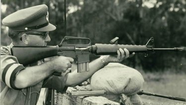 Major Peter Badcoe at a firing range in the 1960s.