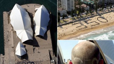 Left:  People outside the Opera House  take a stand on climate change yesterday. Top: Protesters at Manly and bottom, Marton  Hidas at the Opera House.