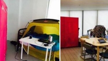 The tent in the living room of a Lacrosse tower apartment, advertised for $130 a week on a Korean-language classified advertisement website.