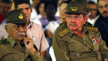 Cuba's Vice President  Juan Almeida Bosque (left) with President Raul Castro at the 50th anniversary of the Cuban revolution. Almeida, one of the original leaders of the Cuban revolution, has died of heart failure at the age of 82.