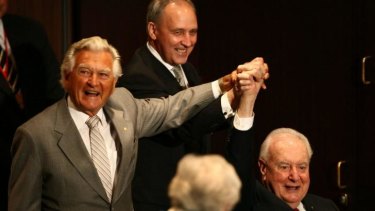 Former prime ministers Bob Hawke, Paul Keating and Gough Whitlam in 2007.  