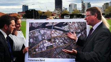 Premier Denis Napthine, Planning Minister Matthew Guy and acting City of Port Phillip Mayor Bernadene Voss announce Fisherman's Bend's urban renewal.