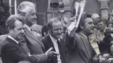 Clyde Holding (centre) at a 1975 ALP rally in Melbourne with then prime minister Gough Whitlam and Bob Hawke.