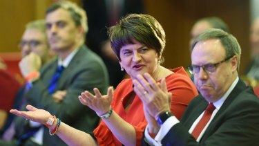DUP leader Arlene Foster, pictured with her deputy Nigel Dodds,  will not agree to Ireland's demand that Britain stay within the EU single market.