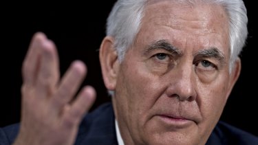 Rex Tillerson, the former chief executive officer of ExxonMobil  and the US secretary of state nominee giving testimony in Washington.