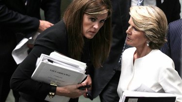 'Gillard' file ... Opposition Leader Tony Abbott's chief of staff Peta Credlin, left, speaks with Deputy Opposition Leader Julie Bishop at the end question time on Monday.