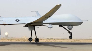 An MQ-1B Predator from the 46th Expeditionary Reconnaissance Squadron takes off from Balad Air Base in Iraq in 2008.