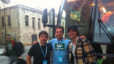 Philip Fingerling, left, from NZ company Xero, a major sponsor of Startup Bus with Elias Bizannes, centre, founder of Startus Bus and Eoin McMillan, right, from Sydney