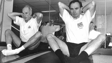 Fitness fanatic: Then state opposition leader Bob Carr takes part in Body Control exercises with Bruce Gyngell.