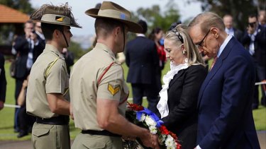 US Secretary of State Hillary Clinton and Australian Foreign Minister Bob Carr take part in a wreath-laying ceremony at the State War Memorial in Kings Park in Perth.