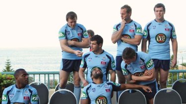 Men on a mission . . . the Blues squad gathers at Coogee yesterday on their first day in camp as thet attempt to break Queensland's stranglehold on the Origin series.
