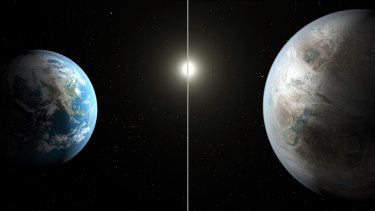 An artist's impression of a comparison between the Earth, left, and the planet Kepler-452b.