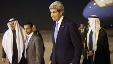US Secretary of State John Kerry arrives in Kuwait City.