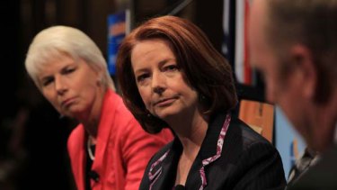 Julia Gillard and Gail Kelly speaking in Sydney yesterday.