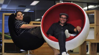 Brothers Hezi and Gabby Liebovich (hat), owners of Australias largest online store in their modern office with groovy furniture.