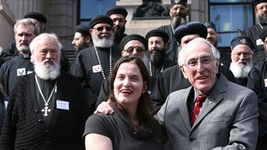Late-term abortion survivor Gianna Jessen with Professor Graeme Clark and the Ad Hoc Interfaith Committee on the steps of Parliament House yesterday.