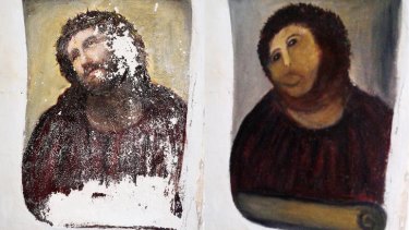 The 20th century Ecce Homo-style fresco of Christ before (left) and after (right) an elderly amateur artist Celia Gimenez, 80, took it upon herself to restore it.