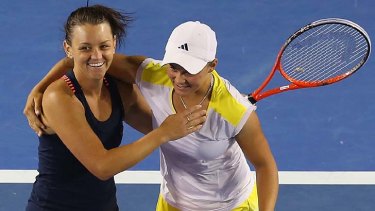 Overjoyed ... Casey Dellacqua and Ashleigh Barty after their doubles semi-final victory.