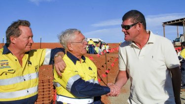 Andrew Forrest and James Packer in Port Hedland yesterday with WA Mines Minister Norman Moore.