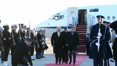 Prime Minister Malcolm Turnbull receives a ceremonial welcome on his arrival at Andrews Air Force Base.
