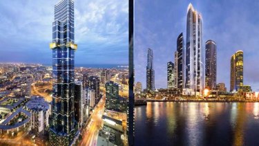 An artist's impression of the Australia 108 skyscraper at Southbank, left, and Crown's Queensbridge Hotel Tower at Southbank.