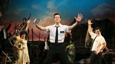 Rema Webb, Andrew Rannells and Josh Gad in the Broadway production of <i>The Book of Mormon</i>.