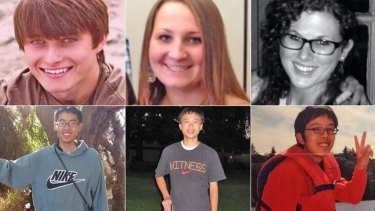 The six Isla Vista massacre victims, from top left: Christopher Michaels-Martinez, Veronika Weiss, Katie Cooper, Cheng-Yuan Hong, George Chen, Weihan Wang.