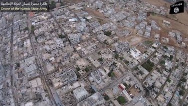 Drone's-eye view: A video released by Islamic State, apparently shot from a drone, shows what appears to be Kobane.