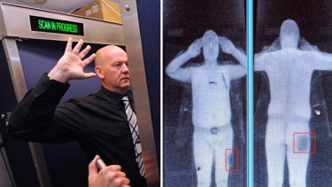 A combination of images shows an airport staff member  demonstrating a full body scan at Manchester Airport.