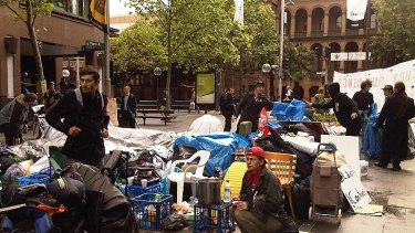 Home from home ... but not as comfortable. The occupation in Martin Place today.