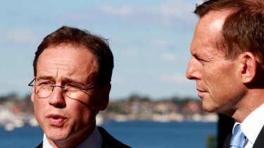 <i>Opposition leader Tony Abbott with Shadow Minister for Environment Greg Hunt. Photo: Edwina Pickles.</i>