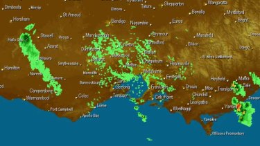 A snapshot of a Weatherzone radar image - the Grampians fire is the large cloud on the left, while the Gippsland fire is at bottom right.