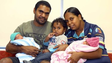 Gregory Georgetown and his partner, Irene Williams, 18-month-old Thomas, and their newborns, Gregory jnr and Kiesena.