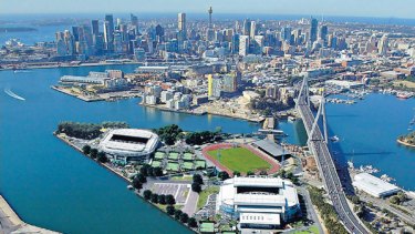 An artist's impression of Melbourne Park's sports arenas as they would look on Glebe Island in Sydney. Digitally altered image by Jojin Kang