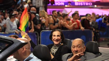 SYDNEY, AUSTRALIA - MARCH 07: Former NSW Govenor Marie Bashir with partner Nick Shehadie during the Mardi Gras parade on March 7, 2015 in Sydney, Australia. (Photo by James Alcock/Fairfax Media)