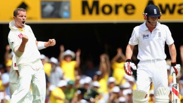 Peter Siddle celebrates after Paul Collingwood was caught at third slip by Marcus North.