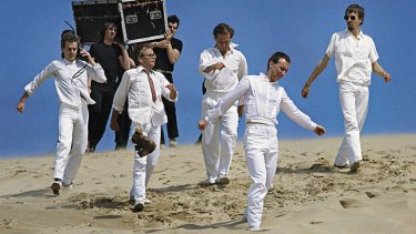 Men in white … a still shot during the making of the 1982 film clip for "Down Under".