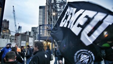 Rallying to the cause: CFMEU members protest outside a construction site in 2012.