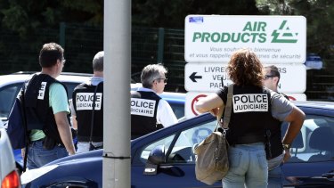 French police secure the entrance of the Air Products factory in Saint-Quentin-Fallavier.