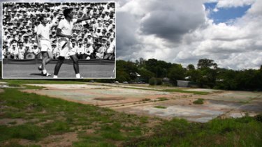 The vacant Milton Tennis Centre site today and (inset) in its heyday more than 40 years ago as a top tennis arena where some epic Davis Cup ties were played out.