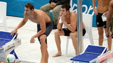Shocker ... James Magnussen sits in disbelief after Australia finished outside the medals in the 4x100m relay.