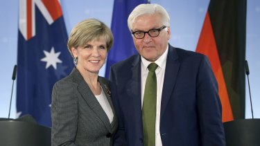 German Foreign Minister Frank-Walter Steinmeier and Julie Bishop shake hands after a joint press conference in Berlin.