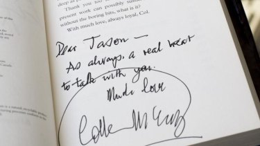 Author Colleen McCullough's signature and message to Jason Steger, who knew her as a formidable woman who was sharp as a tack.