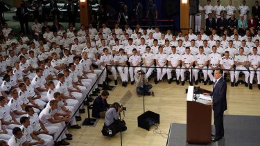 "The world will grow darker" ... Mitt Romney speaks to cadets at the Virginia Military Institute in Lexington.